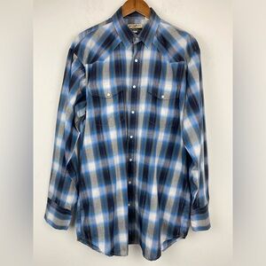 Roper size Large Tall Men’s Blue Gray Plaid Long Sleeve Pearl Snap Western Shirt